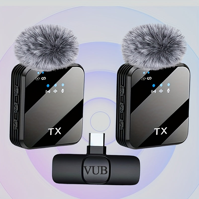 2-in-1 Wireless Lavalier Microphone USB-C with Intelligent Noise Cancellation, Omnidirectional Condenser Mic & Pom-Pom Windshield – Plug & Play Clip-On Lapel Mic for Live Streaming, Interviews, Vlogging & Content Creation on iPhone & Android