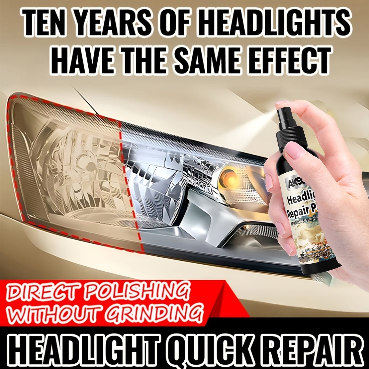 Headlight Restoration Polish Kit – Anti-Yellowing Crystal Clear Formula for Cloudy Headlights, Taillights & Fog Lamps, Multi-Use Auto Light Restorer, 30ml / 50ml / 120ml