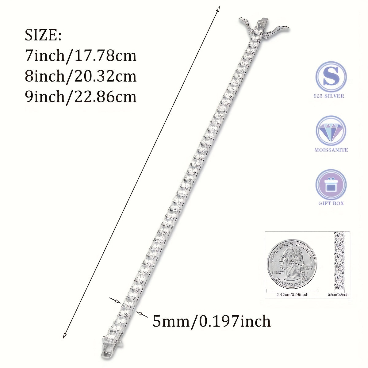 925 Sterling Silver 5mm Moissanite Tennis Bracelet – Sparkling Lab Diamond Hip Hop Luxury Jewelry Gift for Women, Banquet Wedding Anniversary Birthday Christmas Mother's Day
