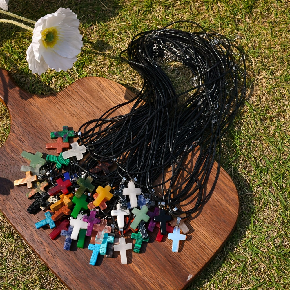 50pcs Natural Stone Cross Pendant and Necklace DIY Set – 25 Colorful Stone Cross Charms + 25 Black Chains for Jewelry Making Bracelets Earrings Craft Teen Gift