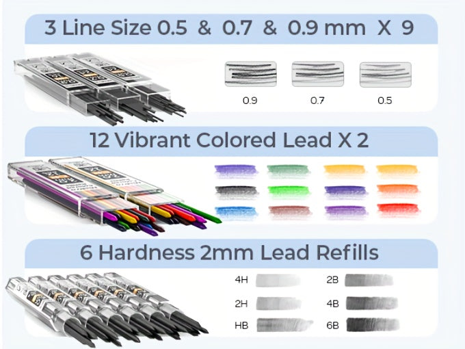 34-Piece Art Mechanical Pencil Set with Case 6 Metal Drafting Pencils 0.5mm 0.7mm 0.9mm 2mm Lead Tips 19 Refill Leads Erasers for Sketching Drawing Artists