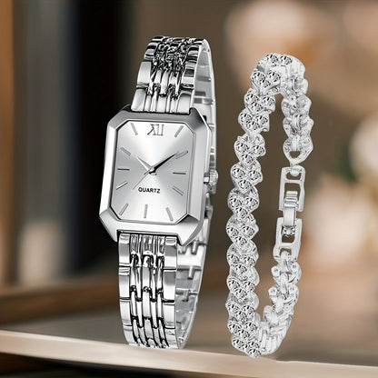 Women's Retro Quartz Watch Set 2pcs – Elegant Heart Chain Stainless Steel Rectangular Dial Analog Wristwatch, Court Style Luxury Timepiece Gift for Wedding, Easter, Birthday & Casual Wear