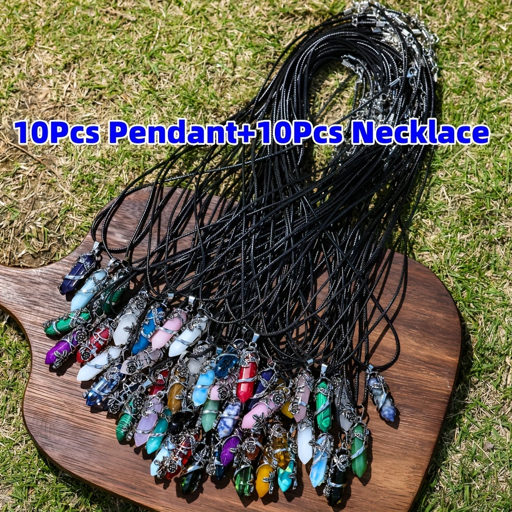 20pcs Natural Stone Hexagonal Column Pendant & Rope Necklace DIY Set – Boho Vintage Gemstone Pendants for Jewelry Craft Making, 10 Wrapped Flower Pendants + 10 Rope Necklaces, Perfect Gift