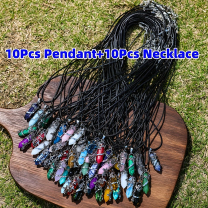 20pcs Natural Stone Hexagonal Column Pendant & Rope Necklace DIY Set – Boho Vintage Gemstone Pendants for Jewelry Craft Making, 10 Wrapped Flower Pendants + 10 Rope Necklaces, Perfect Gift