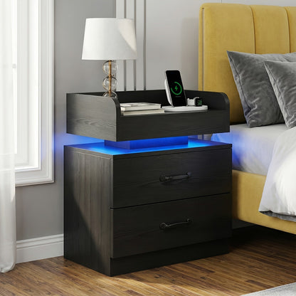Nightstand with Charging Station & LED Lights – Modern Wooden Bedside End Table with Drawer & Storage, USB Charging Ports, for Bedroom & Living Room, Black or White, 1 or 2 Pack