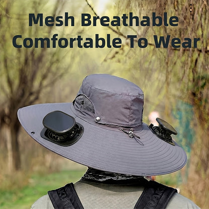 Solar Powered Fan Hat with USB Charging – Wide Brim Sun Protection Hat with Built-In Cooling Fan for Men, Lightweight Long Battery Life Outdoor Hat for Fishing, Hiking, Mountain Climbing & Daily Wear