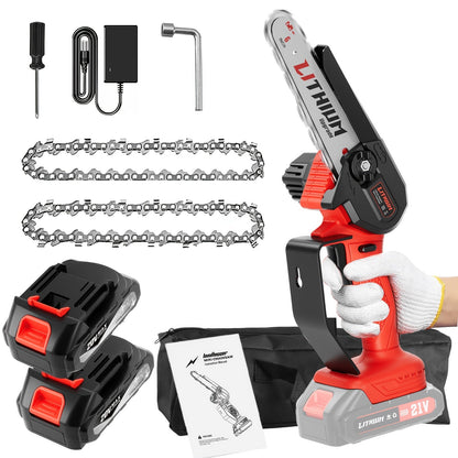 Mini Chainsaw Cordless 6 Inch Battery Powered Electric Chainsaw with Safety Guard Adjustable Chain Ergonomic Grip for Tree Trimming Branch Cutting Yard Work - Gift for DIY Home Garden Outdoor