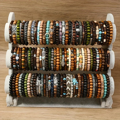 72pcs Boho Wooden Bead Bracelet Set for Women Men – Stackable Stretch Handcrafted Couples Bracelets Assortment Vintage Style Boho Jewelry Gift for Him and Her