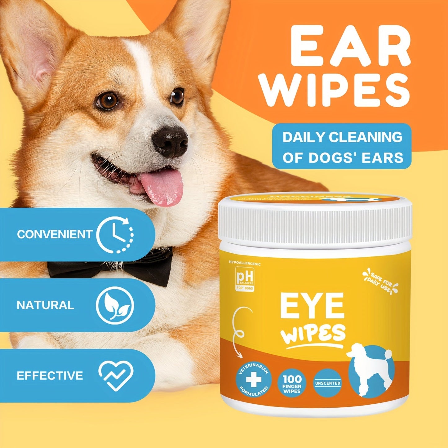 Dog Ear Cleaner Wipes with Finger Wipe Design - Soothing Deodorizing Itch Relief Coconut Scent Pet Ear Cleaning Wipes for All Dog Breed Sizes, Gentle and Easy to Use at Home