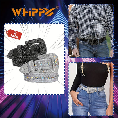 Rhinestone Belt Unisex Western Cowgirl Bling Belt – Sparkling Faux Leather Adjustable Waist Belt with Alloy Buckle for Women Men Sizes S-XL Party Festival Halloween Christmas Gift