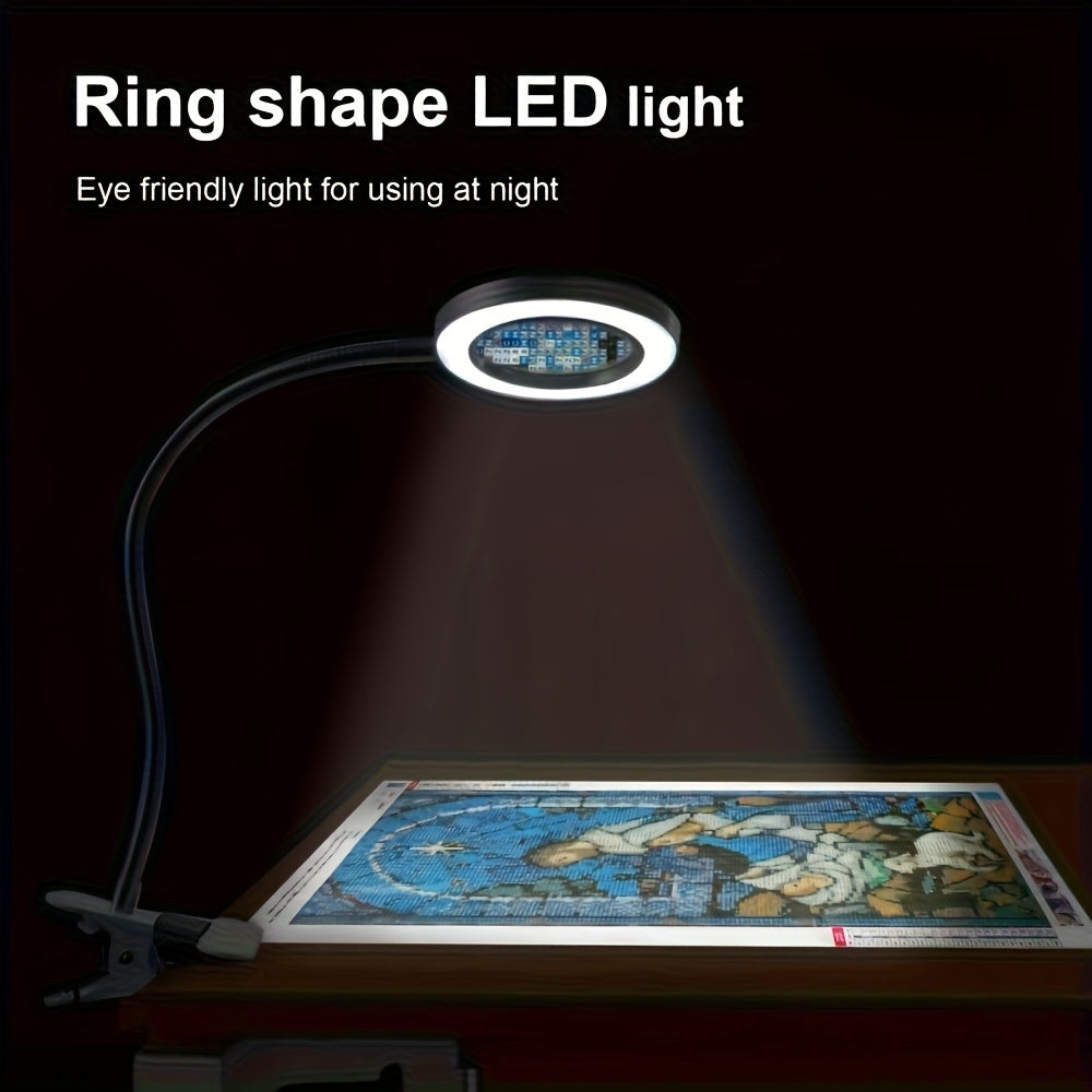 Diamond Painting Magnifier LED Clamp Lamp 10X Hands-Free – USB 5V, 3 Color Modes, 10 Brightness Levels, 18'' Flexible Gooseneck, Clamp Desk Light for Crafts Sewing Jewelry Embroidery Reading