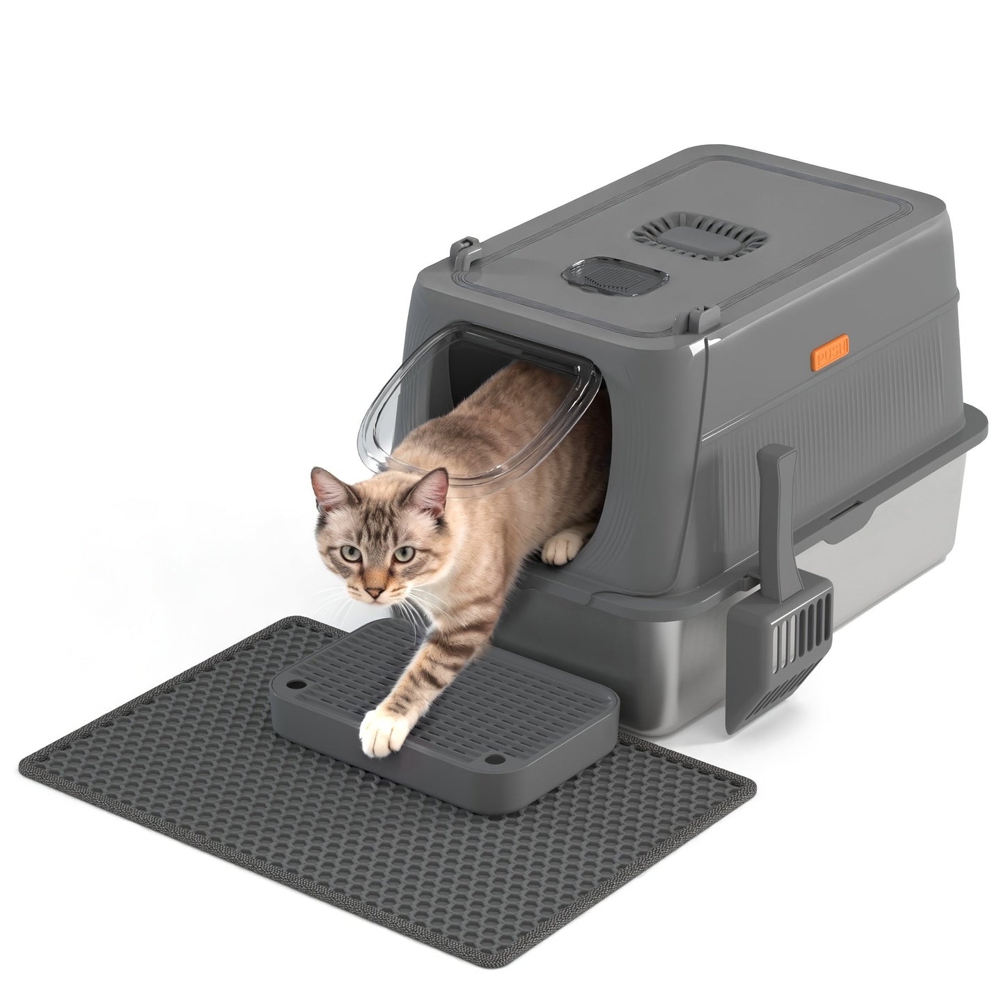 Oversized Enclosed Stainless Steel Cat Litter Box with Lid, Collapsible Anti-Splash Covered Indoor Cat Toilet with Front Flap Door & Superior Odor Control