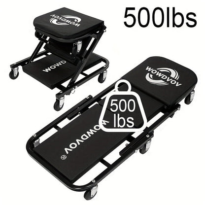 Mechanic Creeper Seat & Auto Repair Bench 3-in-1 – Foldable Z-Shaped Garage Stool with 500 Lb Capacity, 6 Wheel Rollers, Adjustable Lying, Sitting & Leaning Positions for Car Repair & Workshop