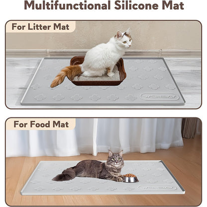 XXL Silicone Cat Litter Mat 3-in-1 – Washable Non-Slip Floor Protector with Raised Edges, Traps Litter, Kibble & Crumbs, Foldable Pet Feeding Mat for Cats, 34x22 Inch, Light Grey & Dark Gray