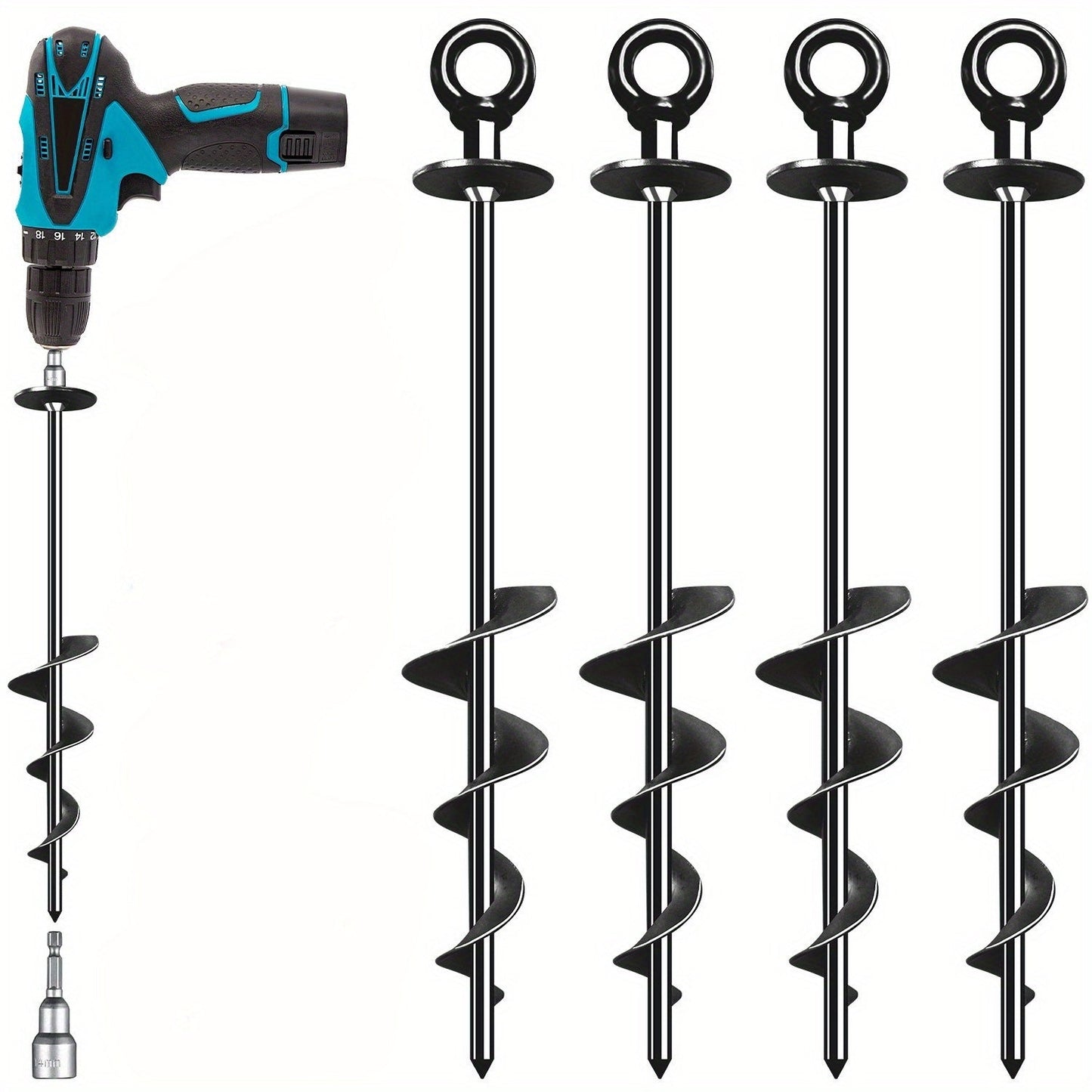 18 Inch Heavy-Duty Spiral Ground Anchors Carbon Steel – 4 or 6 Pack Screw-In Earth Auger Stakes for Tent, Trampoline, Dog Tie-Out, Garden & Outdoor Camping Secure Anchoring