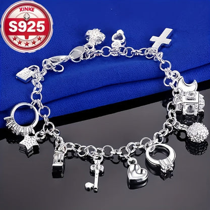 925 Sterling Silver Charm Bracelet for Women - Vintage CZ Cubic Zirconia Inlay Lightweight 2.5g Elegant Wrist Jewelry for Daily Wear, Music Festivals, Birthday & Holiday Gifts