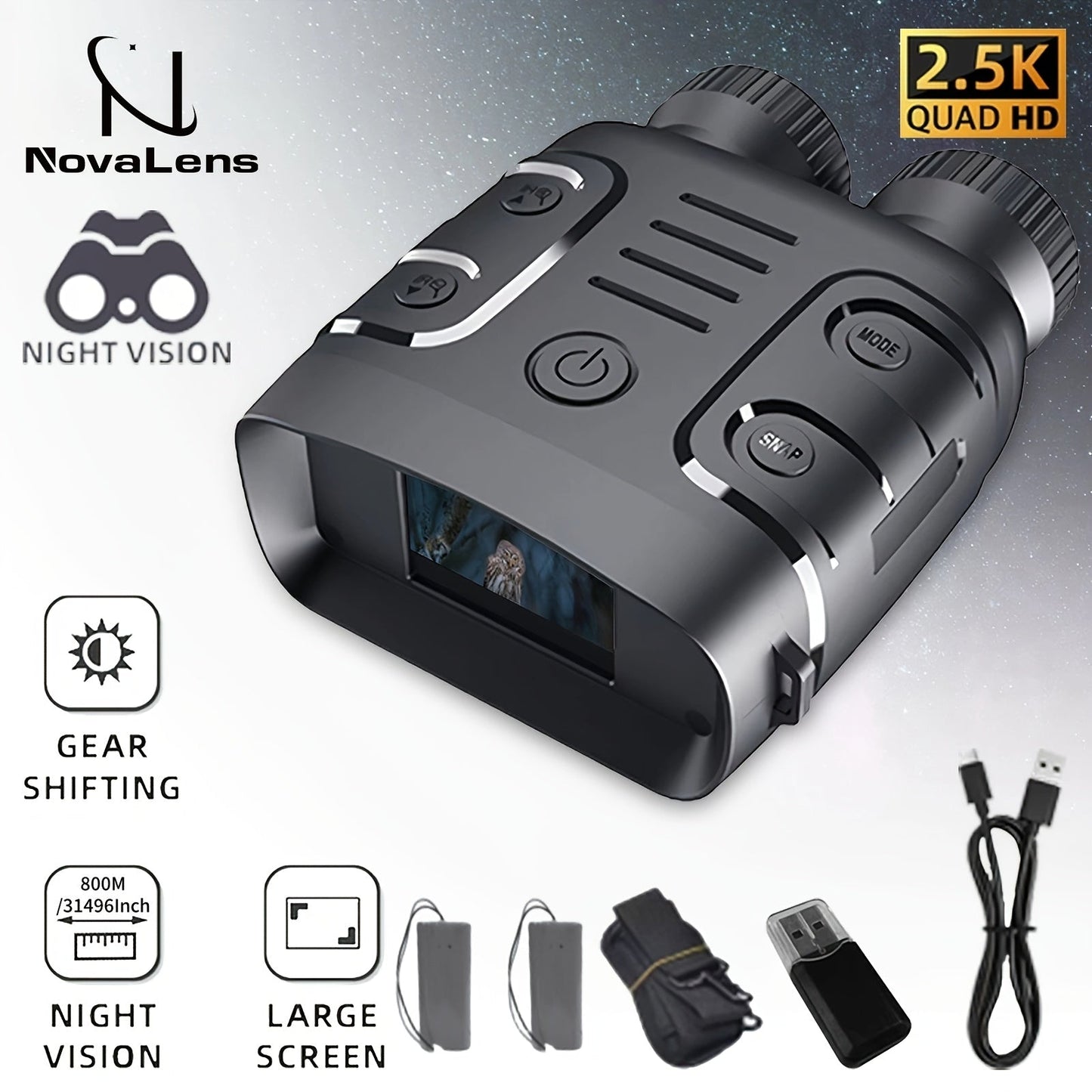 Night Vision Binoculars 2.5K HD – 10x Zoom Magnification, 800m Viewing Distance, 2.4" Screen, Photo & Video Recording, for Fishing, Camping, Boating & Hunting, Practical Gift for Men