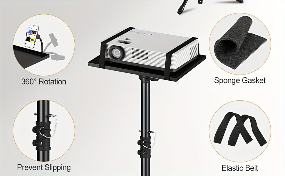 Projector & Laptop Tripod Stand – Height Adjustable with Gooseneck Phone Holder, 180° Tilt Tray, 22 lb Capacity, Portable Floor Stand for Office Home Stage Studio & DJ