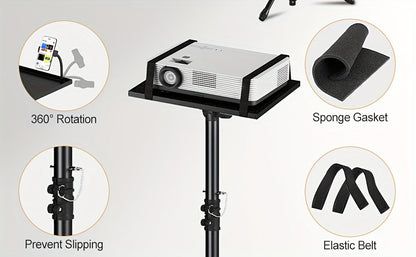 Projector & Laptop Tripod Stand – Height Adjustable with Gooseneck Phone Holder, 180° Tilt Tray, 22 lb Capacity, Portable Floor Stand for Office Home Stage Studio & DJ