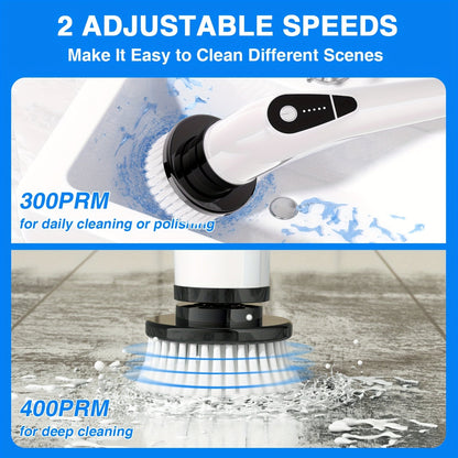 Electric Spin Scrubber Cordless 7-in-1 Cleaning Brush with 7 Replaceable Heads Dual Speed Adjustable Detachable Telescopic Handle for Bathroom Tile Tub Kitchen Car Floor Grout Scrubbing