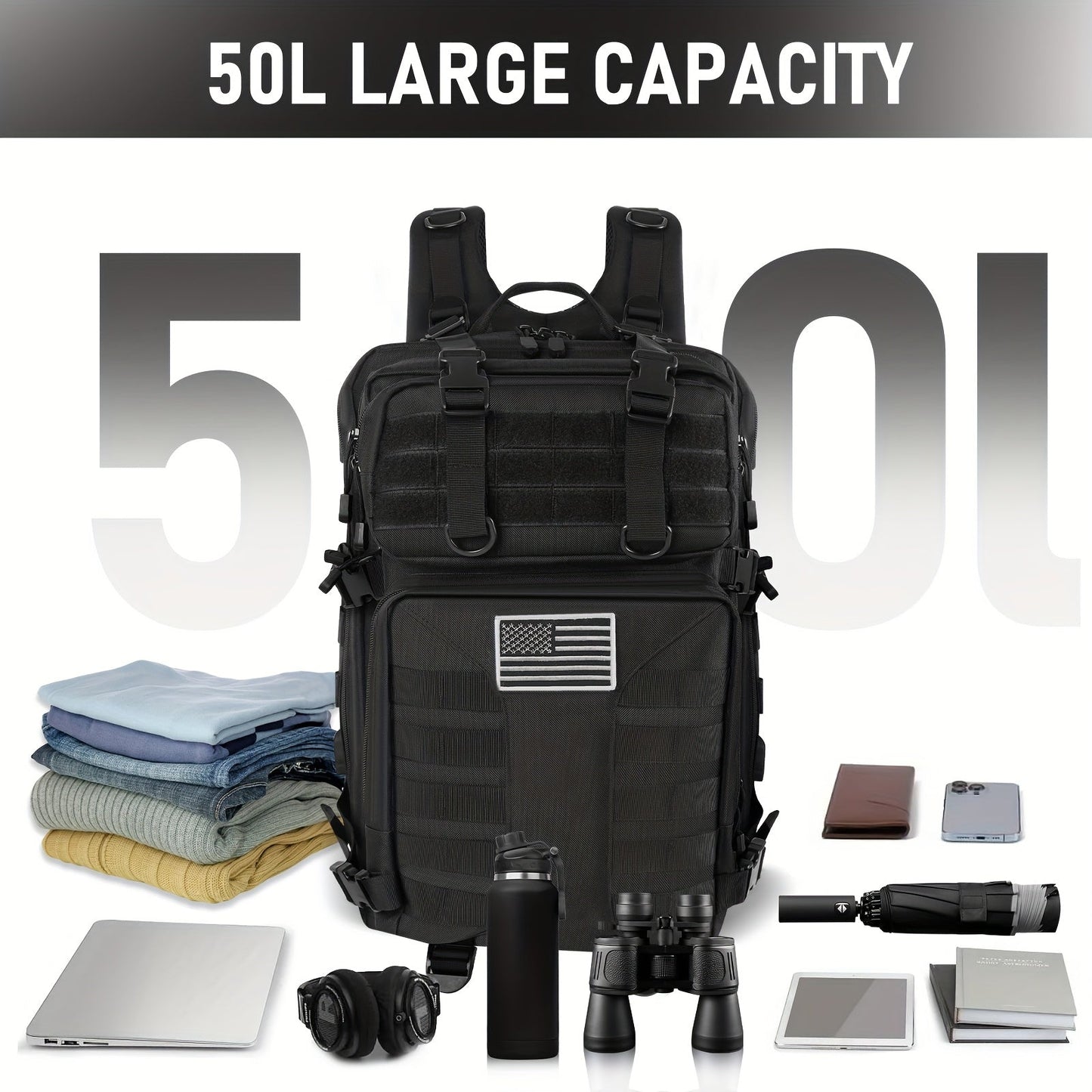 50L High Capacity Tactical Backpack Unisex – MOLLE Military Bag for Camping, Fishing, Hunting, Hiking & Travel – 13 Color Options Including Handbag & Storage Bag Variants