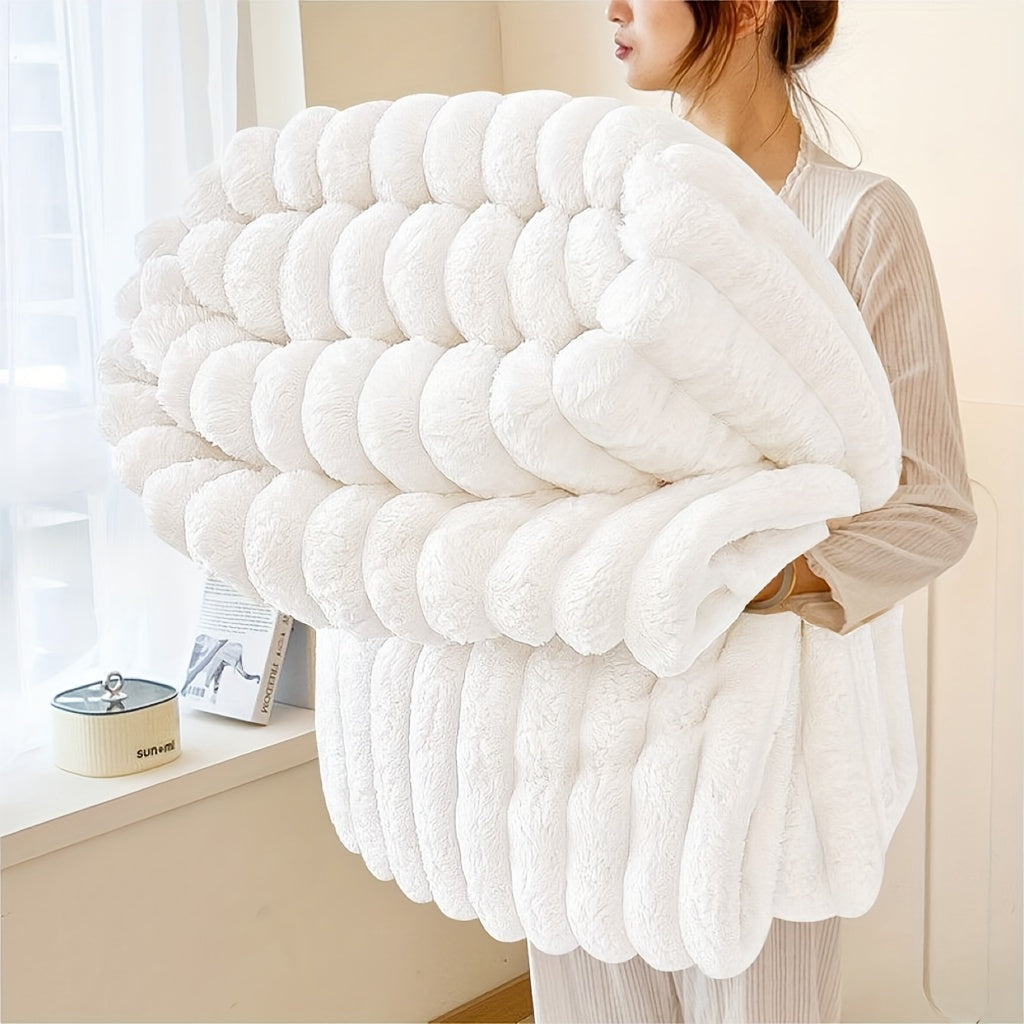 Fleece Throw Blanket Ultra-Soft 3D Faux Rabbit Fur Double-Sided – All-Season Cozy Blanket for Bed Sofa Travel Camping | 7 Colors 4 Sizes White Dark Gray Pink Khaki Purple Grey