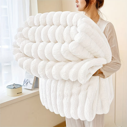 Fleece Throw Blanket Ultra-Soft 3D Faux Rabbit Fur Double-Sided – All-Season Cozy Blanket for Bed Sofa Travel Camping | 7 Colors 4 Sizes White Dark Gray Pink Khaki Purple Grey