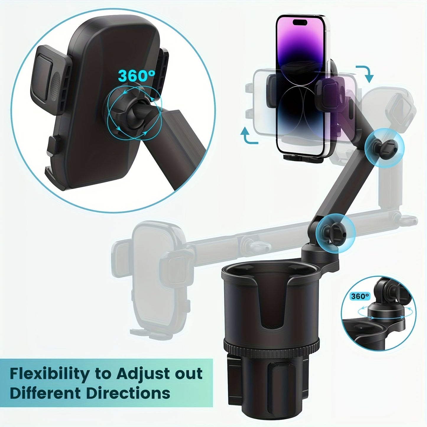 Car Phone Cup Holder Mount 2-in-1 Swivel 360° Rotation Universal Fit for Cars SUVs Trucks with Shock Absorption Trim - Black Extender