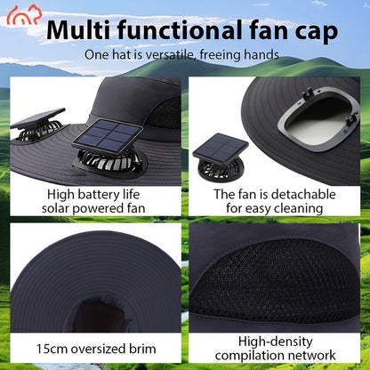 Solar Fan Sun Hat with USB Charging & Dual Fans, Adjustable Strap Breathable Cooling Hat for Outdoor Camping, Fishing, Hiking & Sports - High Air Volume Long Battery Life - Black, Dark Gray, Khaki, Camo