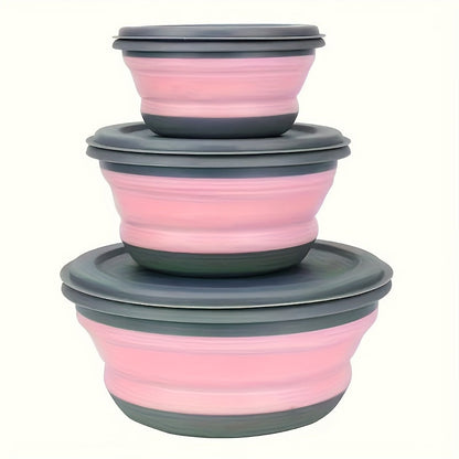 Collapsible Silicone Camping Bowls Set of 3 with Lids Folding Utensils and Storage Bag Stackable Portable Food Containers for Camping Hiking Travel Lunch Blue Pink
