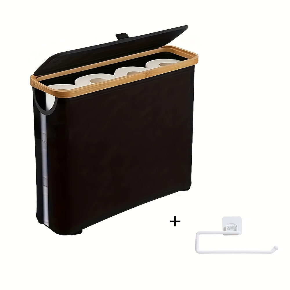 Bamboo Toilet Paper Holder Basket with Lid - Large 9-Roll Storage Organizer for Bathroom, Modern Minimalist Freestanding Toilet Paper Storage Cabinet in Black Beige Gray Pink