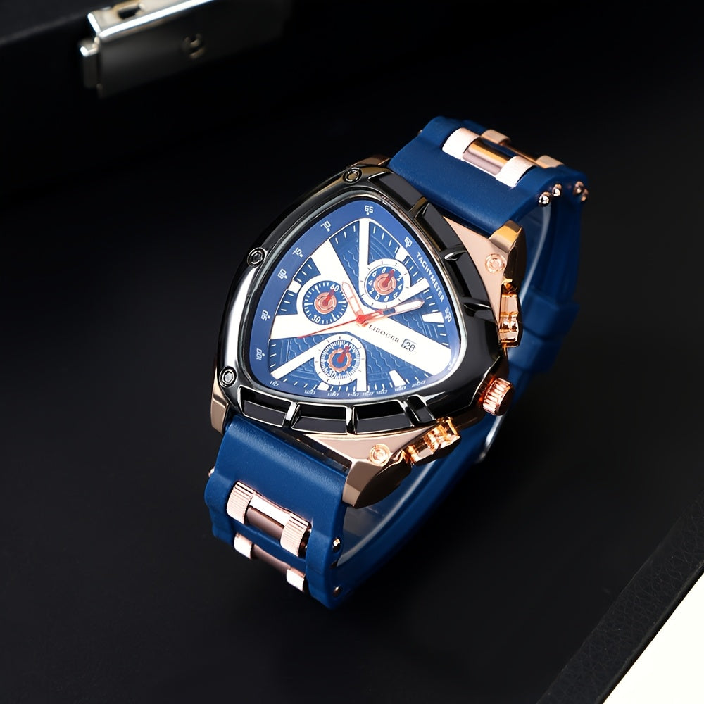3pcs Men's Quartz Watch Set – Silicone Strap Date Display Triangular Dial, Fashion Sport Casual Wrist Watches for Men, Ideal Birthday Anniversary Gift Set