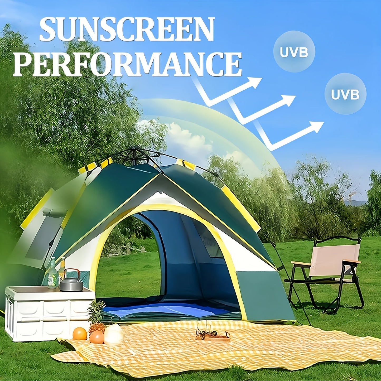 4-Person Pop-Up Camping Tent Instant Setup with UV Protection Insect Netting & Sunshade, Automatic Family Tent Dark Green for Beach Park Camping Hiking Outdoor Adventures, Sturdy Zipper & Support Pole