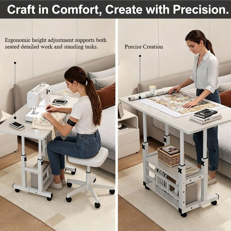 Mobile Craft Table with Adjustable Height & 4 Silent 360° Wheels - Rolling Storage Organizer with Double Shelves for Sewing, Knitting & Crafts, Bedroom & Living Room Use, Available in Black & White