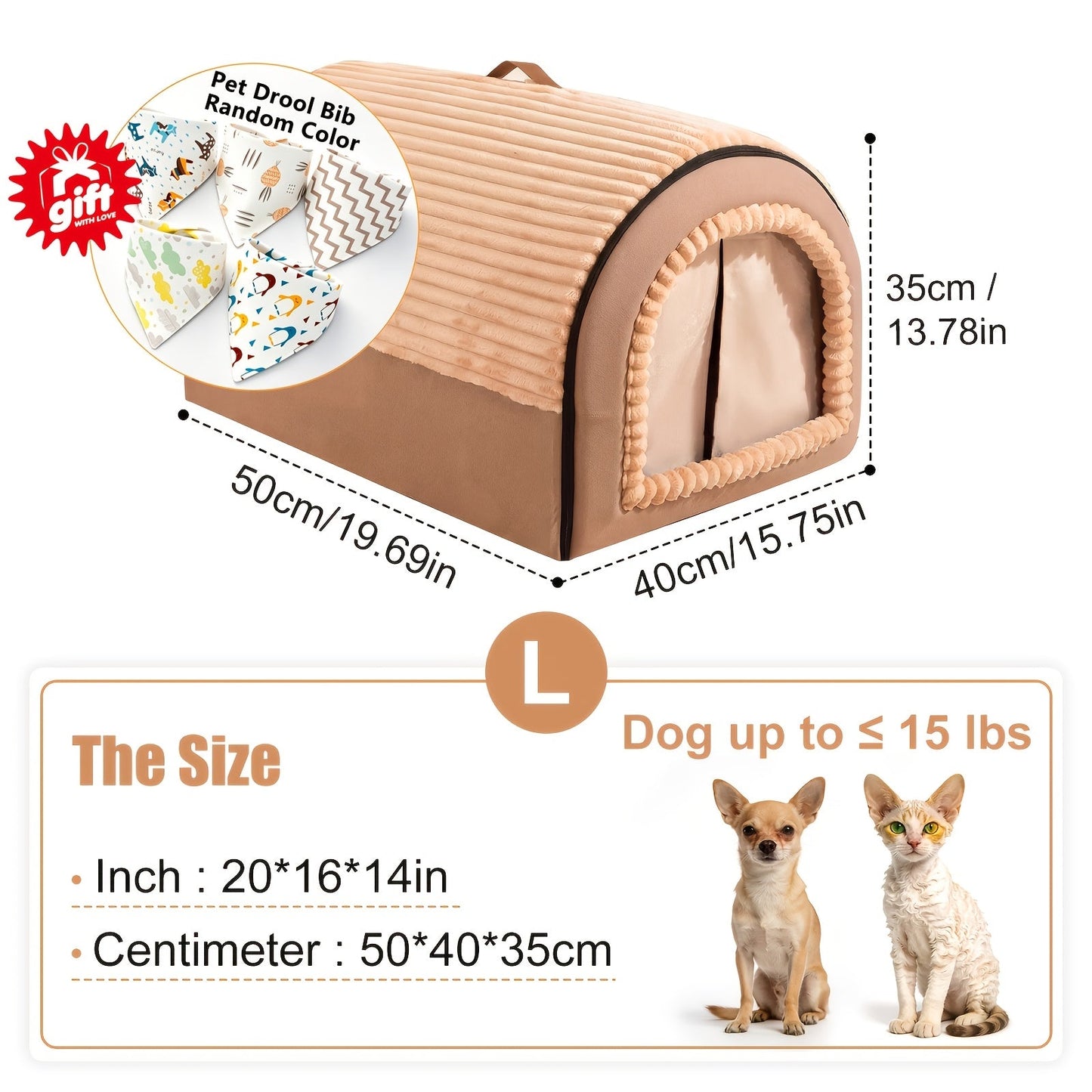 Foldable Dog Bed Cave 2-in-1 All Season – Fully Enclosed Covered Pet House with Handle, Soft Fluffy Non-Slip Washable Nest for Large, Medium & Small Dogs and Cats – Free Drool Bib – Velora
