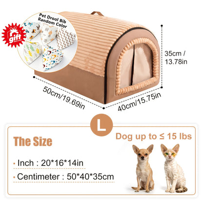 Foldable Dog Bed Cave 2-in-1 All Season – Fully Enclosed Covered Pet House with Handle, Soft Fluffy Non-Slip Washable Nest for Large, Medium & Small Dogs and Cats – Free Drool Bib – Velora
