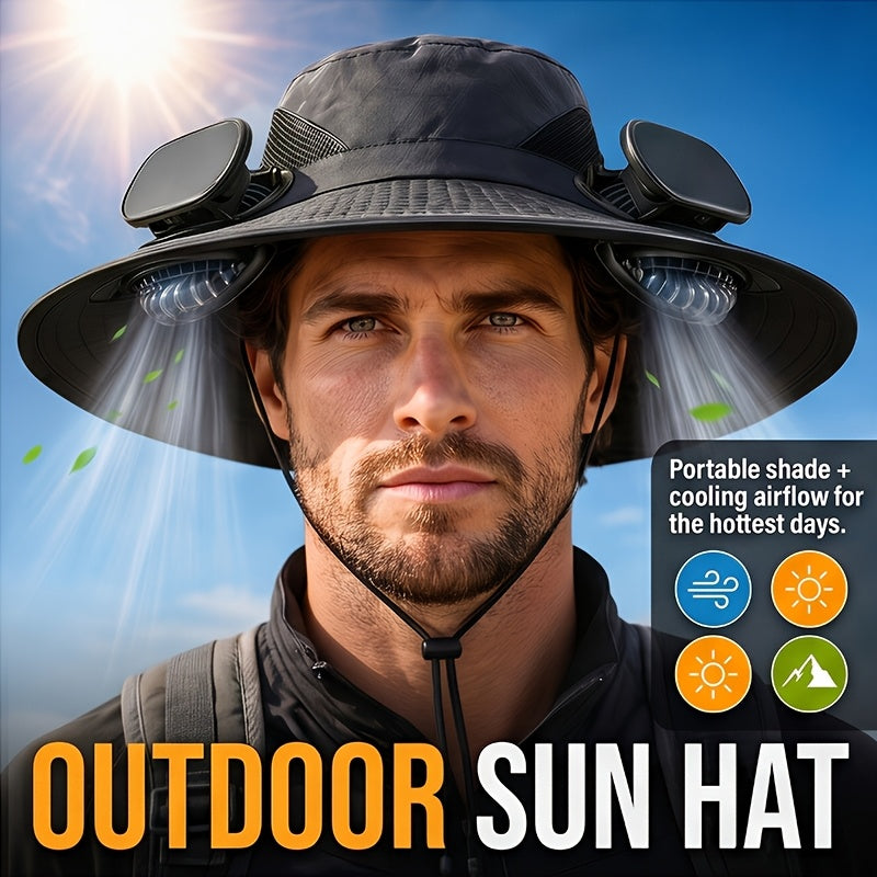 Solar Powered Fan Hat with USB Charging – Wide Brim Sun Protection Hat with Built-In Cooling Fan for Men, Lightweight Long Battery Life Outdoor Hat for Fishing, Hiking, Mountain Climbing & Daily Wear