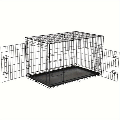 Folding Metal Wire Dog Crate Double Door with Divider Panel Leak-Proof Pan Tray Pet Kennel Indoor Outdoor Travel Small Medium Large XL Dogs 4 Sizes