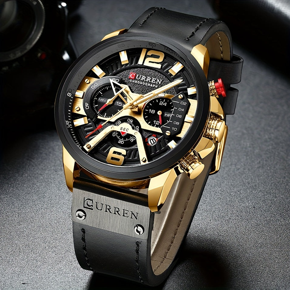 CURREN Men's Chronograph Watch Business Quartz Analog Wrist Watch with Date Display, Tachymeter Bezel & Faux Leather Strap – Stylish Dress Watch for Men in 5 Colors