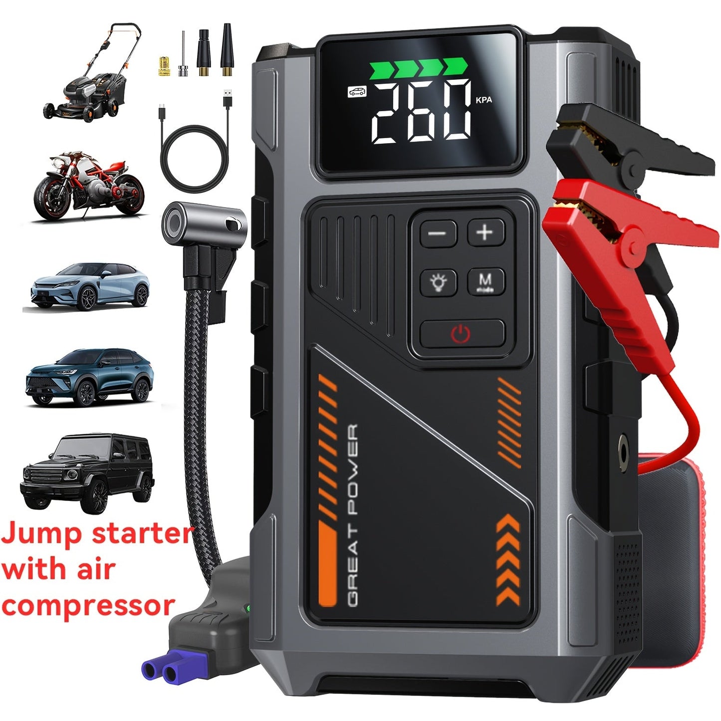 Portable Car Jump Starter 12V Battery Booster Pack with Optional Air Compressor - Emergency Battery Jump Start for Gasoline & Diesel Engines, Compatible with Sedans, SUVs, Trucks & Lawn Mowers