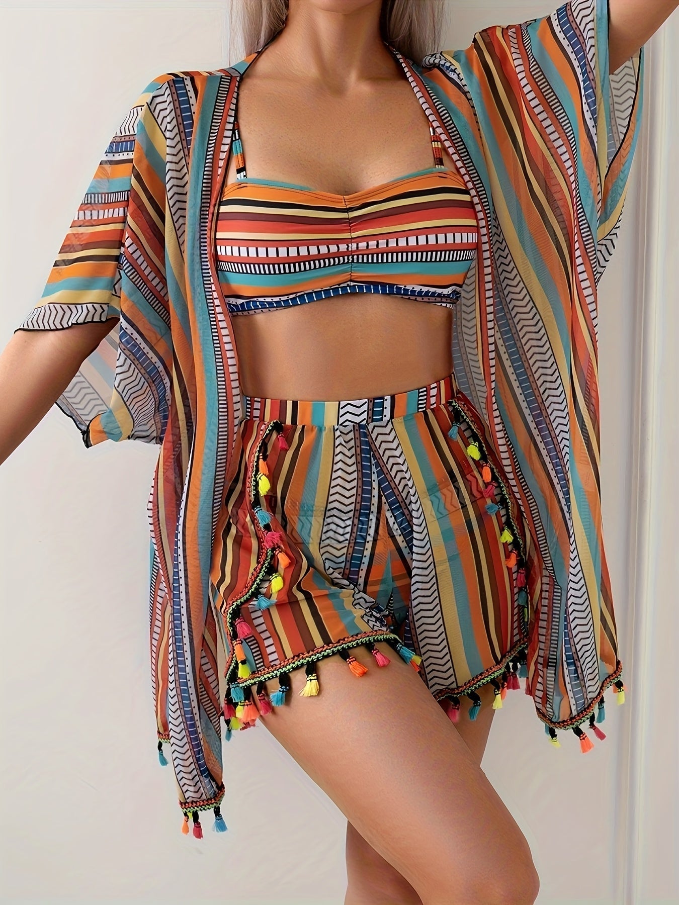 Women's 3-Piece Bikini Set with Long Sleeve Cover-Up Sexy Print Stretchy Non-Transparent Polyester Blend Beach Swimwear Vacation Pool Swimsuit Set S-XL