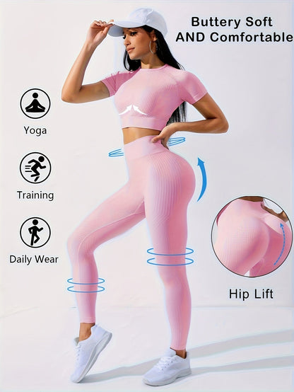 Women's 2-Piece Workout Set - Yoga Crop Top & High Waist Leggings, Crew Neck Medium Stretch Solid Color All-Season Activewear for Gym Fitness Pilates Running, Sizes XS-XL