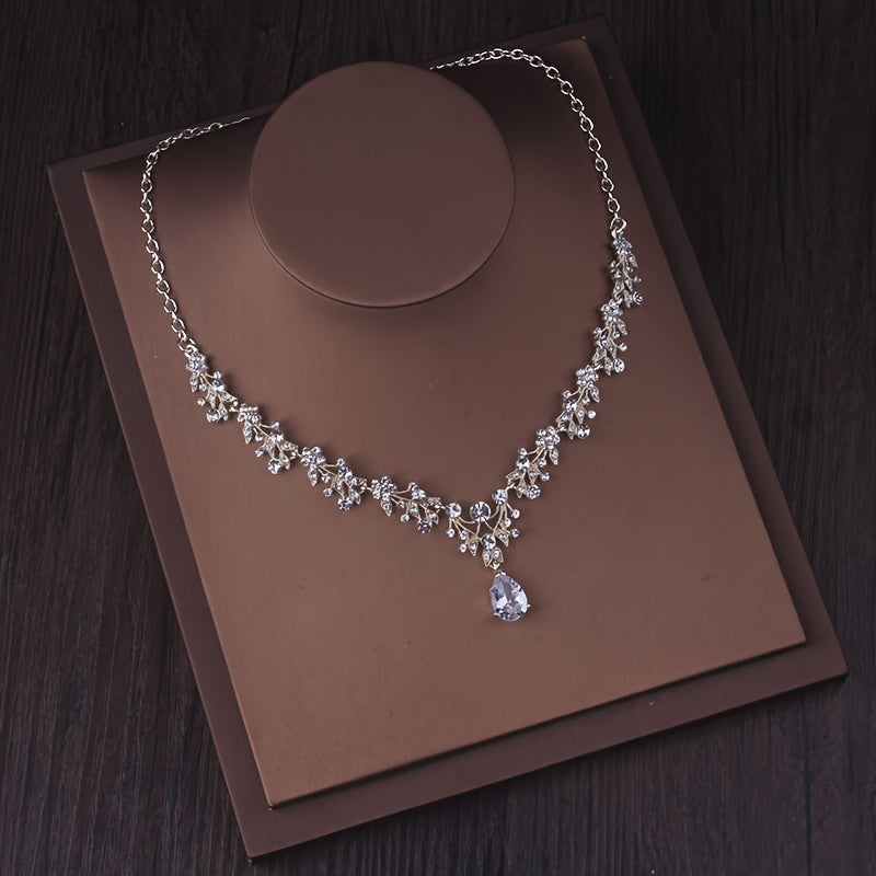 Bridal Rhinestone Necklace & Earring Set for Bride – Silver & Gold Plated Zinc Alloy with Glass Inlay, Elegant Wedding Jewelry for Brides, Bridesmaids, Banquets & Formal Parties