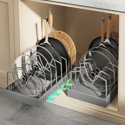 Pull Out Pot & Pan Organizer Rack for Under Cabinet – Slide Out Lid Holder with 8 Adjustable Compartments, Drill-Free Install, Kitchen Cabinet Cookware & Baking Sheet Organizer – 1pc or 2pcs