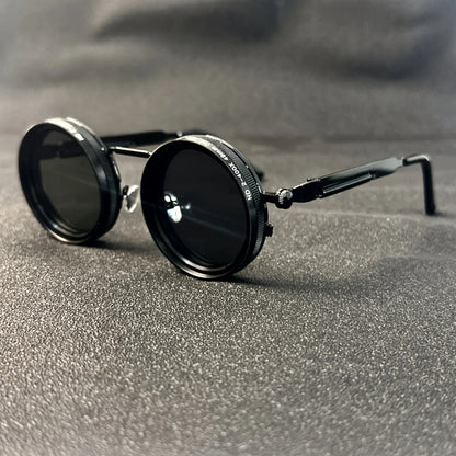 Men's Vintage Steampunk Spin Fashion Glasses – Adjustable Brightness, Alloy Frame, Black & Grey Gradient Interchangeable Lenses, Bohemian Party & Casual Eyewear Accessory