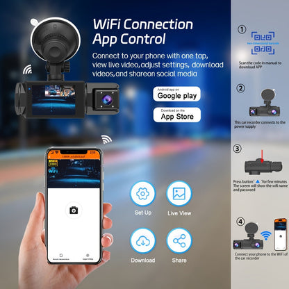 WiFi Dash Camera 2/3 Lens 170° Wide Angle Night Vision Loop Recording G-Sensor 2.0" IPS Screen with 32GB Memory Card - Front Rear Car Camera