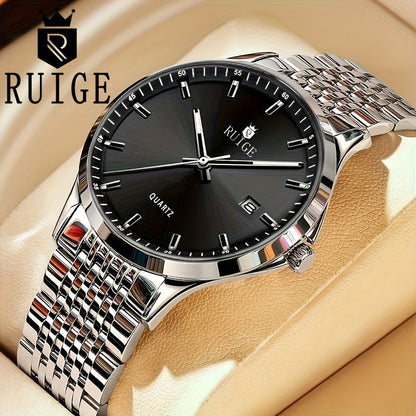 RUIGE Men's Luxury Quartz Watch Stainless Steel with Calendar Night Light Rhinestone Accents - Sports Business Dress Watch for Men Gift for Him