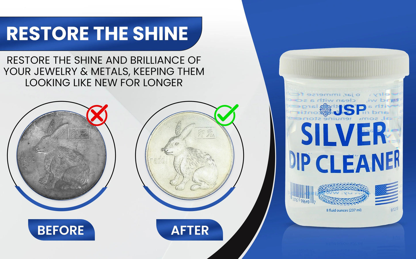 JSP Sterling Silver Dip Cleaner & Tarnish Remover 8oz – 925 & 999 Silver Jewelry Cleaning Solution with Dipping Basket & Microfiber Cloth, Restores Shine to Silver, Gold & Precious Metals