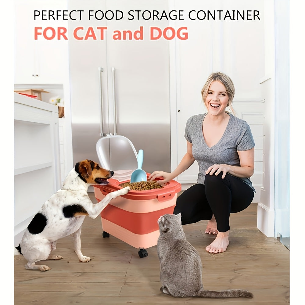 Foldable Pet Food Storage Container with Airtight Lid & Wheels – Large Capacity Moisture-Proof Dog Cat Food Bin 5–30 LBS, Collapsible Storage for Pet Food, Grains & Flour, Gray Green Pink