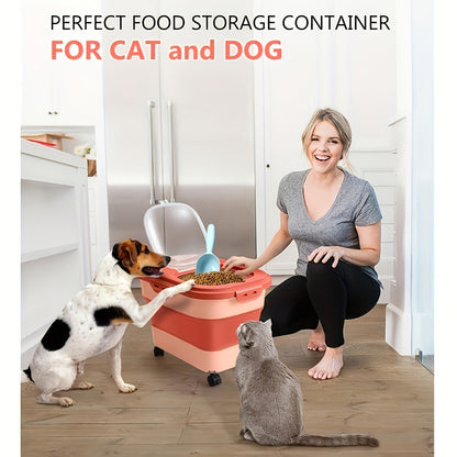 Foldable Pet Food Storage Container with Airtight Lid & Wheels – Large Capacity Moisture-Proof Dog Cat Food Bin 5–30 LBS, Collapsible Storage for Pet Food, Grains & Flour, Gray Green Pink
